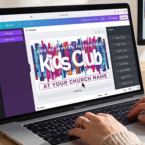 Laptop screen displaying a design interface with a VBS Camp banner