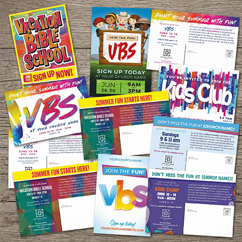 Stack of VBS Camp Direct Mail Postcards fanned out
