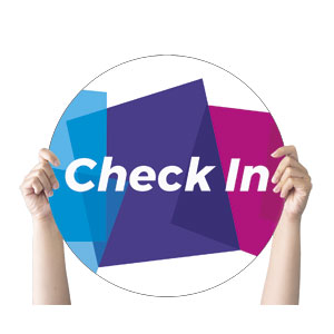 Vibrant Shapes Check In Circle Handheld Signs