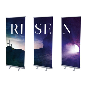 Risen Cross Tomb Triptych 2'7" x 6'7"  Vinyl Banner