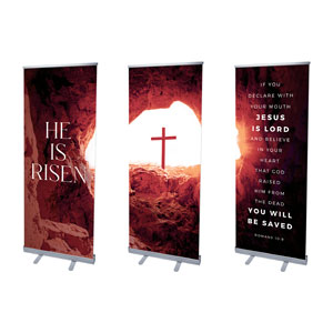 He Is Risen Tomb Cross Triptych 2'7" x 6'7"  Vinyl Banner